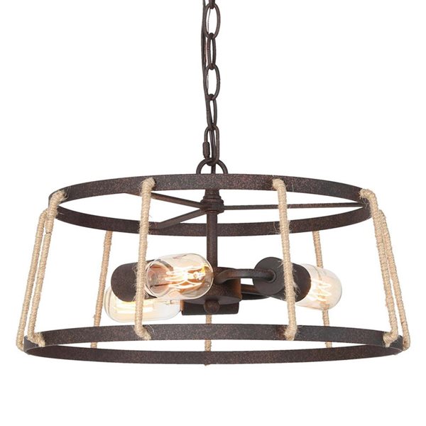 LNC Mocha Rust Bronze and Hemp Rope Drum Shape Farmhouse Cage Chandelier 3-Light