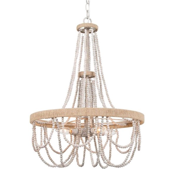 LNC Bohemia Chandelier Distressed White Wood and Hemp Rope Bohemian/Global 4-Light