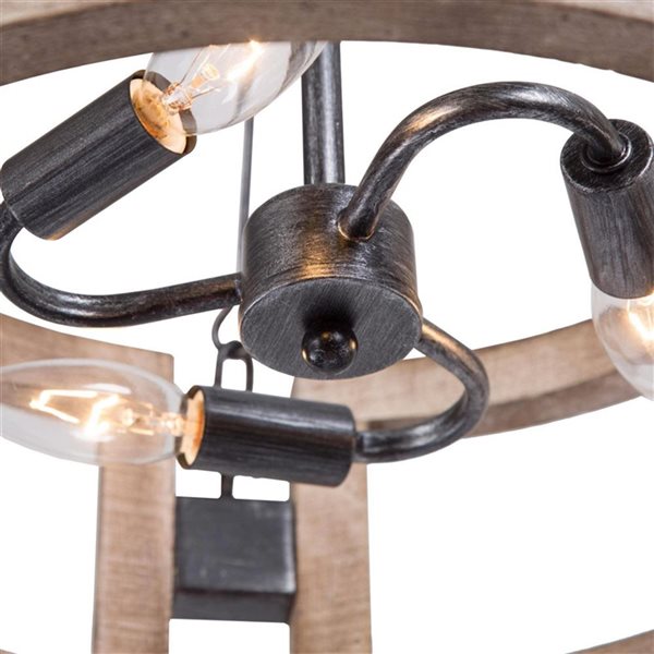 Lustre suspendu Quaint de LNC champêtre bois gris vieilli et tambour noir brossé 3 lumières