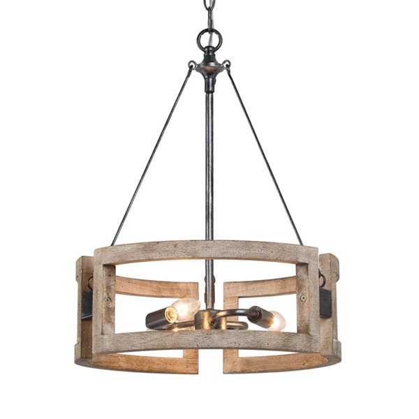 Lustre suspendu Quaint de LNC champêtre bois gris vieilli et tambour noir brossé 3 lumières