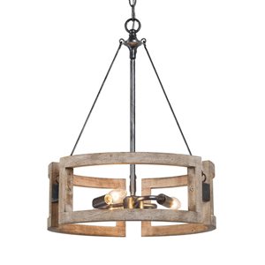 Lustre suspendu Quaint de LNC champêtre bois gris vieilli et tambour noir brossé 3 lumières