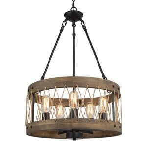 LNC Laius Drum Farmhouse Chandelier 5-Light Distressed Wood Brown and Black