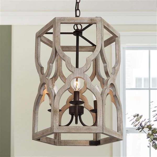 Lustre suspendu champêtre Quaint de LNC cylindrique en bois brun vieilli et bronze 3 lumières