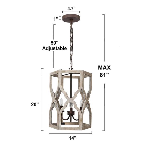 Lustre suspendu champêtre Quaint de LNC cylindrique en bois brun vieilli et bronze 3 lumières