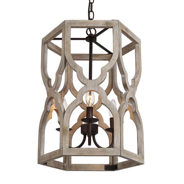 LNC Quaint Distressed Brown Wood and Bronze Cylinder Farmhouse Chandelier 3-Light