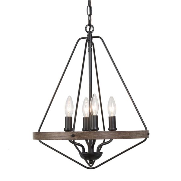 LNC Laius Farmhouse Cage Chandelier 4-Light Black and Wood Brown