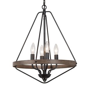 LNC Laius Farmhouse Cage Chandelier 4-Light Black and Wood Brown