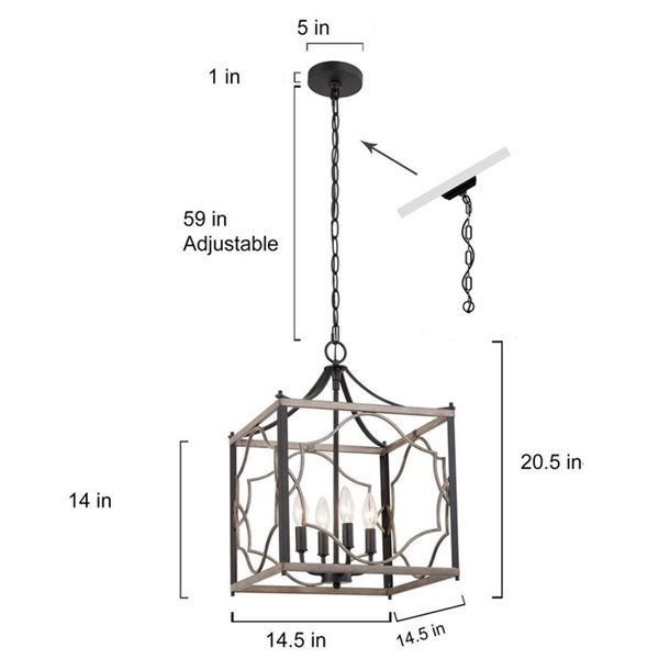 Lustre suspendu Ribbon de LNC style cage champêtre carrée noir mat et gris antique 4 lumières