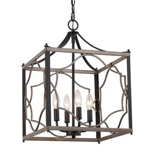 Lustre suspendu Ribbon de LNC style cage champêtre carrée noir mat et gris antique 4 lumières