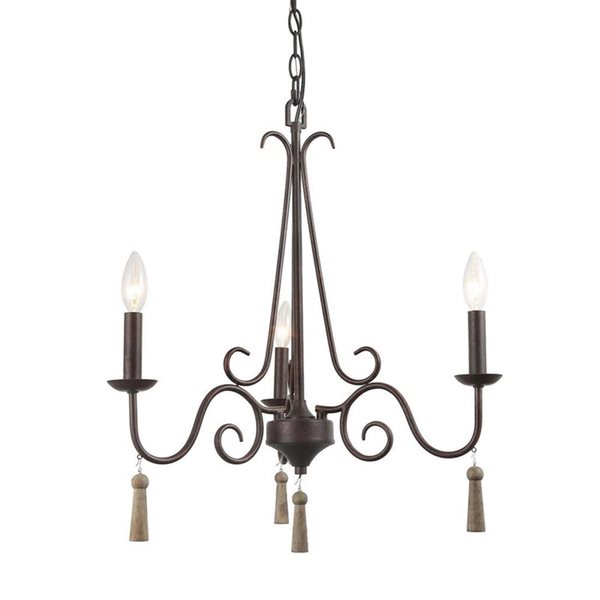 LNC Miller Rustic Bronze with Wood Drop Candle Transitional Chandelier 3-Light