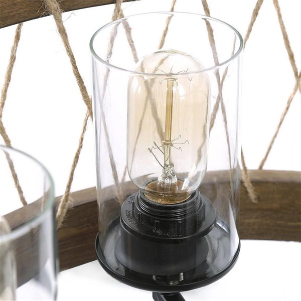 Lustre suspendu champêtre Laius de LNC tambour brun et noir en bois vieilli 5 lumières