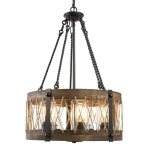 Lustre suspendu champêtre Laius de LNC tambour brun et noir en bois vieilli 5 lumières