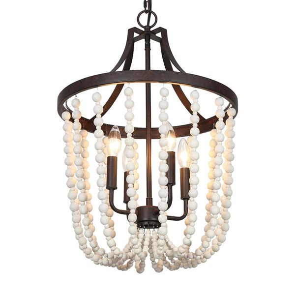 Lustre suspendu Bohemia de LNC perlé blanc et bronze vieilli 4 lumières