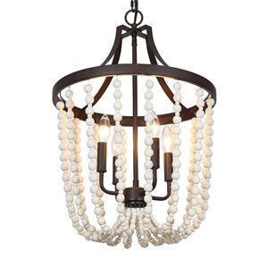 Lustre suspendu Bohemia de LNC perlé blanc et bronze vieilli 4 lumières