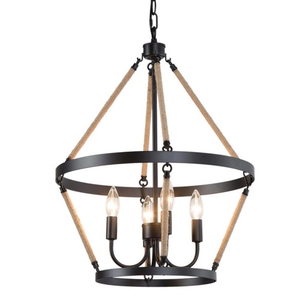 LNC Mocha Matte Black and Hemp Rope Tiered Modern Farmhouse Cage Chandelier 4-Light