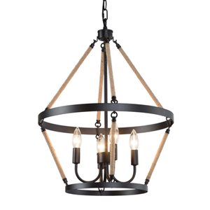 Luminaire suspendu moderne LNC style cage champêtre en corde de chanvre et noir mat 4 lumières