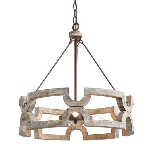 LNC Timeless Bronze and Brown Wood Modern Farmhouse Drum Chandelier 3-Light