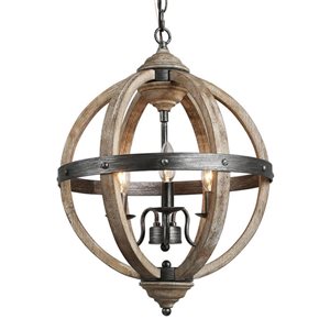 LNC Natural Distressed Brown Wood and Black Globe Farmhouse Chandelier 3-Light