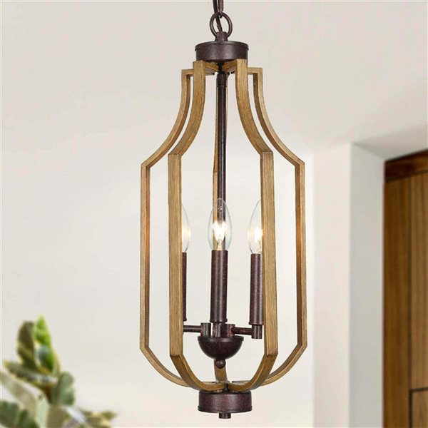 LNC Chet Ill Brown and Rustic Bronze  Geometric Farmhouse Cage Chandelier 3-Light