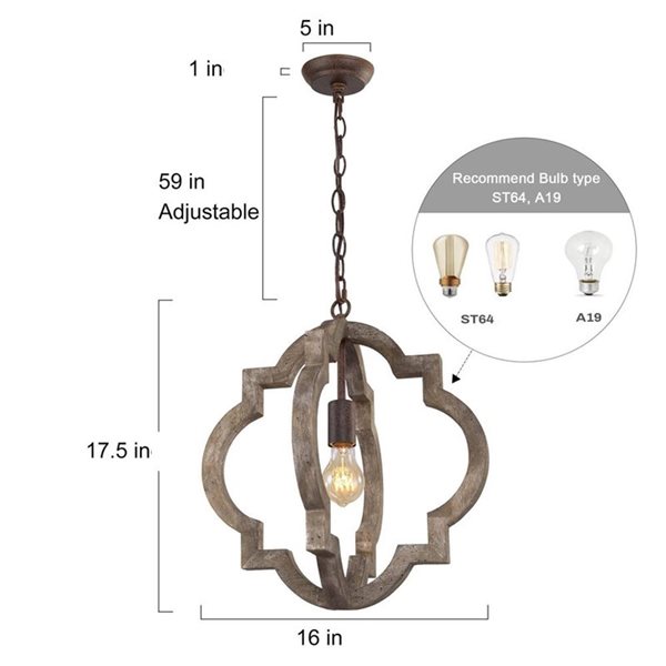 LNC Timeless Distressed Brown Wood and Bronze Globe  Farmhouse Chandelier 1-Light