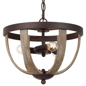 Lustre suspendu champêtre Quaint de LNC rond en bois grisâtre vieilli et bronze 3 lumières