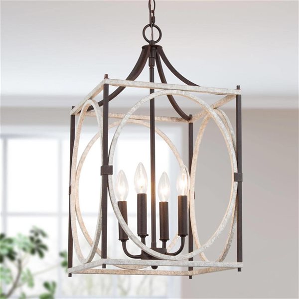 Lustre suspendu Ribbon de LNC champêtre moderne carré gris vieilli et bronze 4 lumières