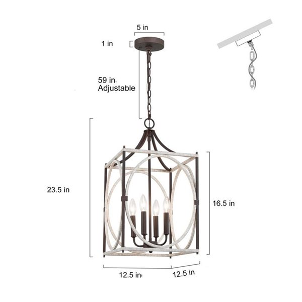 Lustre suspendu Ribbon de LNC champêtre moderne carré gris vieilli et bronze 4 lumières