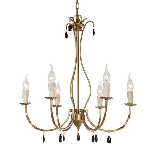 Lustre suspendu Mania de LNC transitionnel or brossé antique avec cristal noir 6 lumières