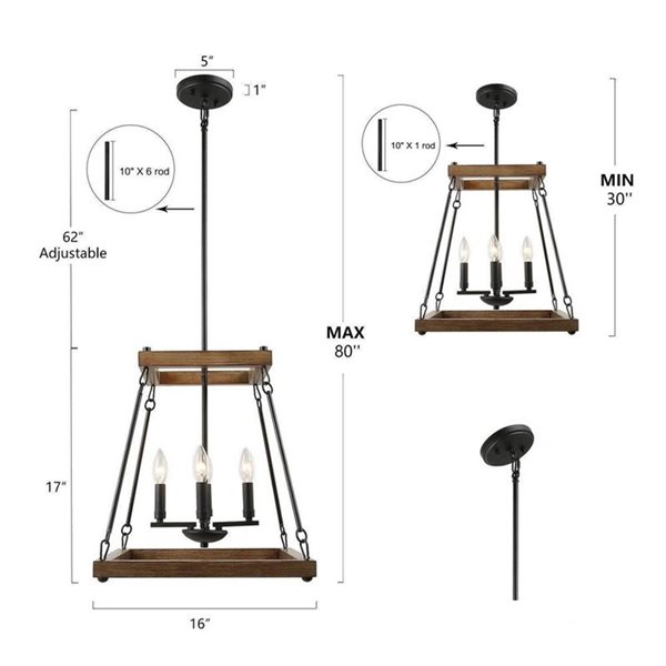 Lustre suspendu Chet Ill de LNC champêtre carré brun antique et noir mat 4 lumières