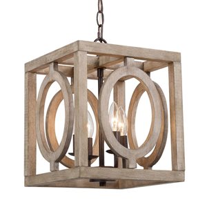 LNC Quaint Farmhouse Chandelier 4-Light Distressed Brown Wood and Rustic Bronze