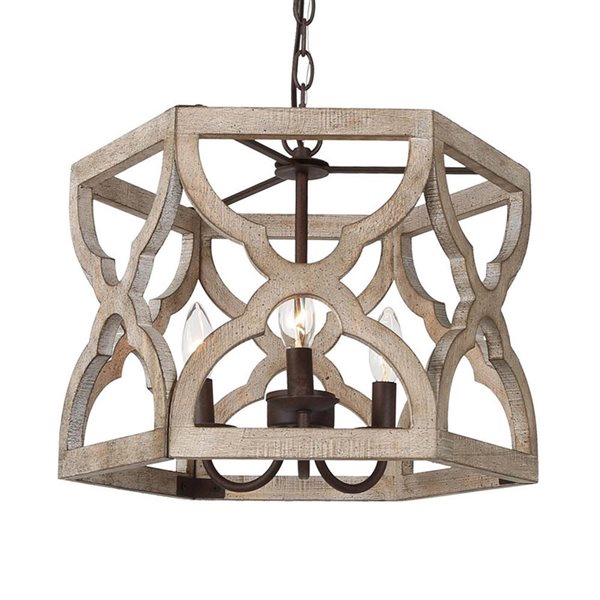 Lustre suspendu de ferme Quaint de LNC tambour en bois brun vieilli et bronze 3 lumières