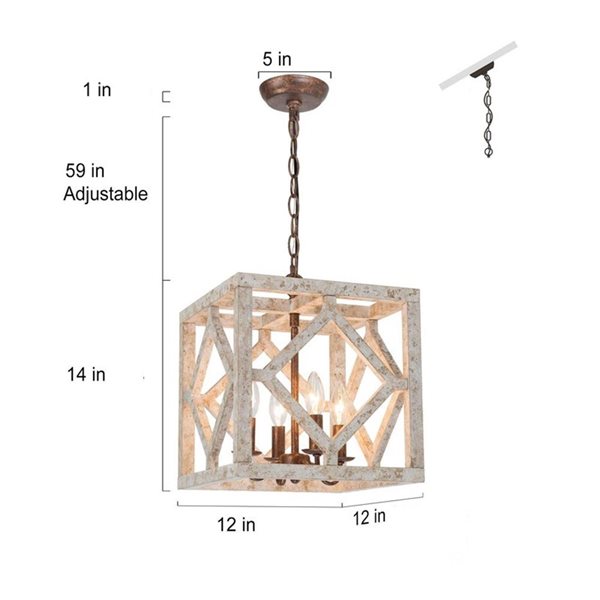 Luminaire suspendu champêtre Quaint de LNC carré bois blanc vieilli et bronze 4 lumières