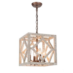 LNC Quaint Distressed Off-White Wood and Bronze Farmhouse Square Chandelier 4-Light