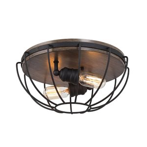 LNC Chet III Black and  Wood Brown Cage Flush Mount Light 2-Light 14.5-in