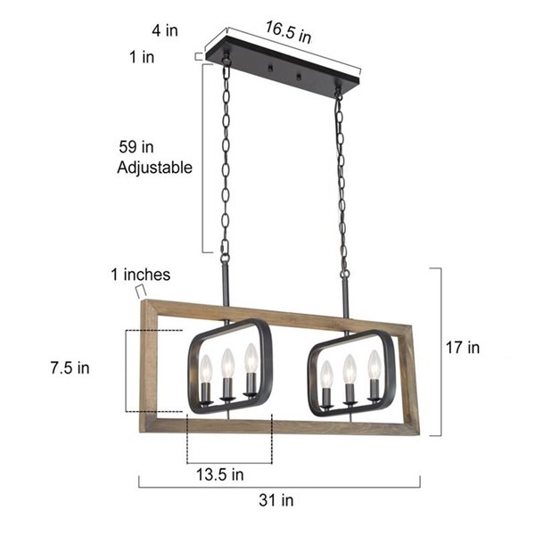 Lustre suspendu Chet Ill de LNC linéaire grisâtre et noir vieilli 6 lumières 31 po