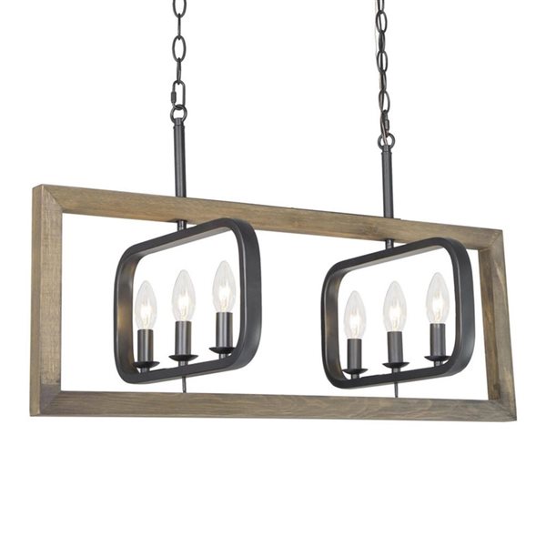 Lustre suspendu Chet Ill de LNC linéaire grisâtre et noir vieilli 6 lumières 31 po