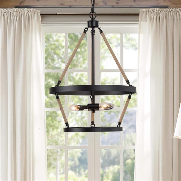 Lustre suspendu LNC style cage champêtre moderne en corde de chanvre et noir mat 3 lumières