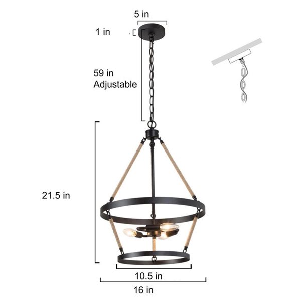 Lustre suspendu LNC style cage champêtre moderne en corde de chanvre et noir mat 3 lumières