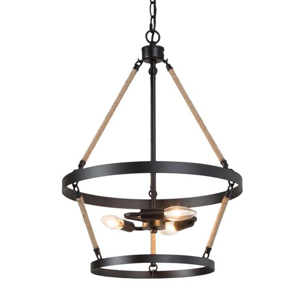 LNC Mocha Matte Black and Hemp Rope Tiered Modern Farmhouse Cage Chandelier 3-Light