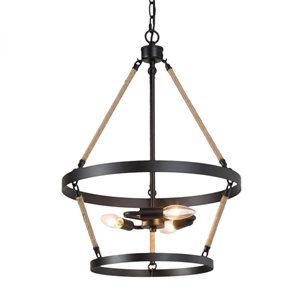 Lustre suspendu LNC style cage champêtre moderne en corde de chanvre et noir mat 3 lumières