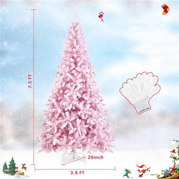 Costway 7.5-ft Pre-Lit Snow Flocked Pink Christmas Tree with 1100 Branch Tips and 450 Warm White LED Lights - 8 Flash Modes