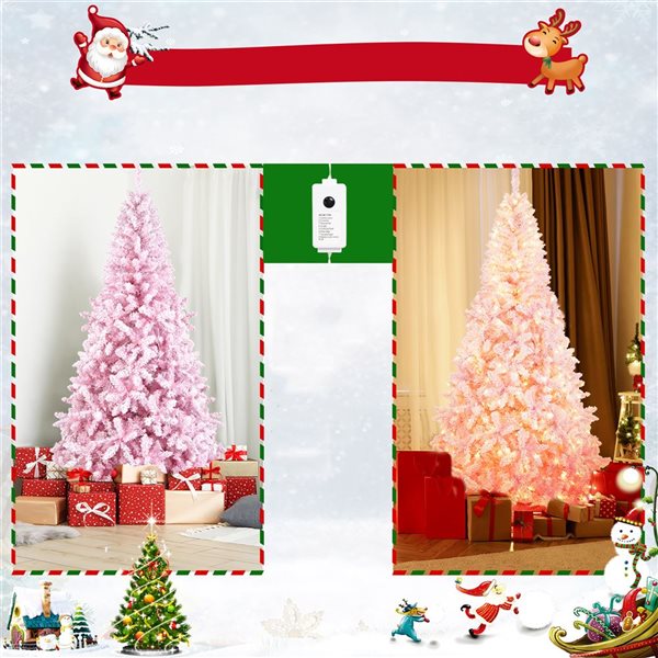 Costway 7.5-ft Pre-Lit Snow Flocked Pink Christmas Tree with 1100 Branch Tips and 450 Warm White LED Lights - 8 Flash Modes