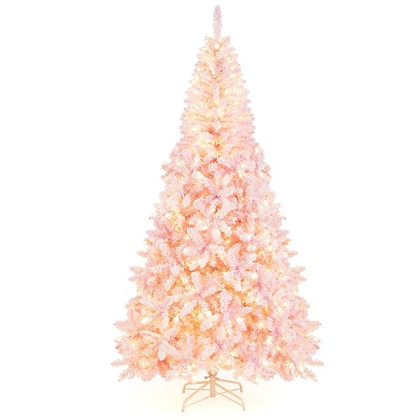 Costway 7.5-ft Pre-Lit Snow Flocked Pink Christmas Tree with 1100 Branch Tips and 450 Warm White LED Lights - 8 Flash Modes