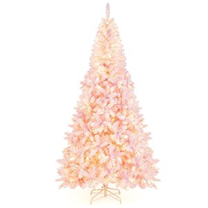 Costway 7.5-ft Pre-Lit Snow Flocked Pink Christmas Tree with 1100 Branch Tips and 450 Warm White LED Lights - 8 Flash Modes