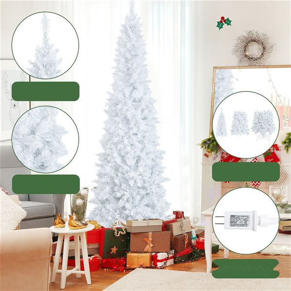 Costway 7-ft  Pre-Lit Hinged White Artificial Christmas Tree with 300 Warm White LED Lights - 8 Flash Modes