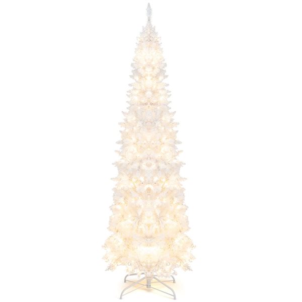 Costway 7-ft  Pre-Lit Hinged White Artificial Christmas Tree with 300 Warm White LED Lights - 8 Flash Modes