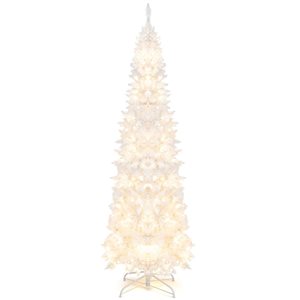 Costway 7-ft  Pre-Lit Hinged White Artificial Christmas Tree with 300 Warm White LED Lights - 8 Flash Modes