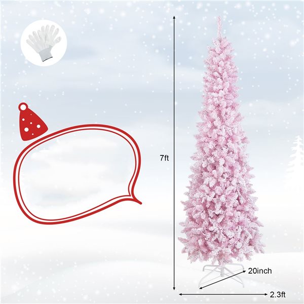 Costway 7-ft Pre-Lit Snow Flocked Hinged Pink Christmas Tree with 300 Warm White LED Lights - 8 Flash Modes