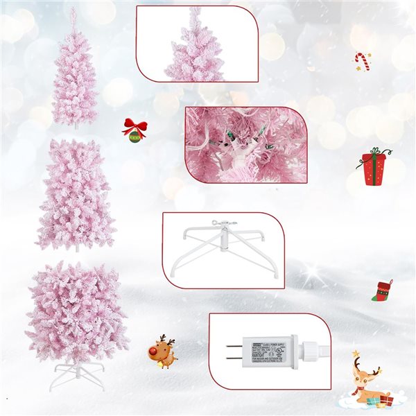 Costway 7-ft Pre-Lit Snow Flocked Hinged Pink Christmas Tree with 300 Warm White LED Lights - 8 Flash Modes