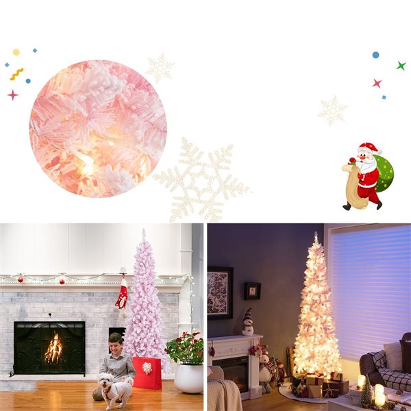 Costway 7-ft Pre-Lit Snow Flocked Hinged Pink Christmas Tree with 300 Warm White LED Lights - 8 Flash Modes